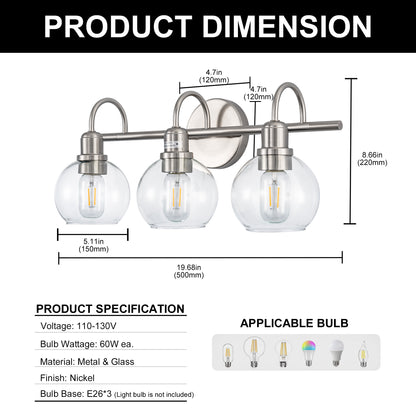 YANSUN 20 in. 3-Light Brushed Nickel Bathroom Vanity Light, Industrial Design with Clear Glass Globe Shade for Powder Room