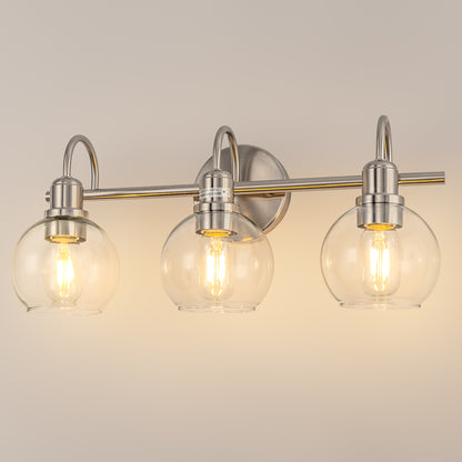 YANSUN 20 in. 3-Light Brushed Nickel Bathroom Vanity Light, Industrial Design with Clear Glass Globe Shade for Powder Room