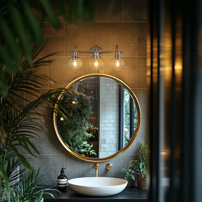 YANSUN 20 in. 3-Light Brushed Nickel Bathroom Vanity Light, Industrial Design with Clear Glass Globe Shade for Powder Room