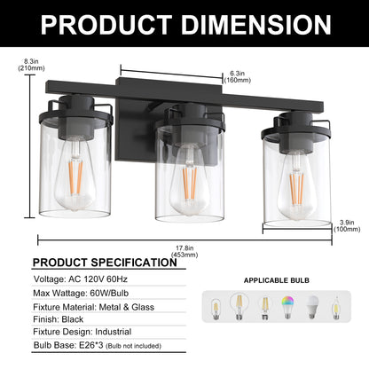 18 in. 3-Light Black Vanity Light with Clear Glass Shades for Budget Bathrooms