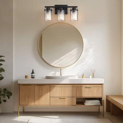 18 in. 3-Light Black Vanity Light with Clear Glass Shades for Budget Bathrooms
