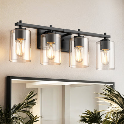 24 in. 4-Light Farmhouse Black Vanity Light with Clear Glass Shades for Budget Bathrooms