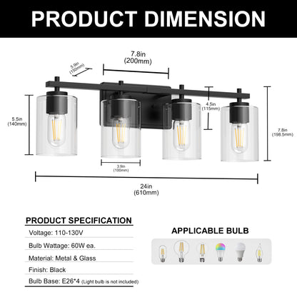 24 in. 4-Light Farmhouse Black Vanity Light with Clear Glass Shades for Budget Bathrooms