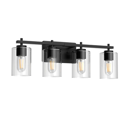 24 in. 4-Light Farmhouse Black Vanity Light with Clear Glass Shades for Budget Bathrooms