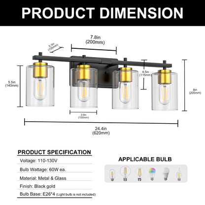24 in. 4-Light Black Gold Vanity Light with Clear Glass Shades for Bathrooms