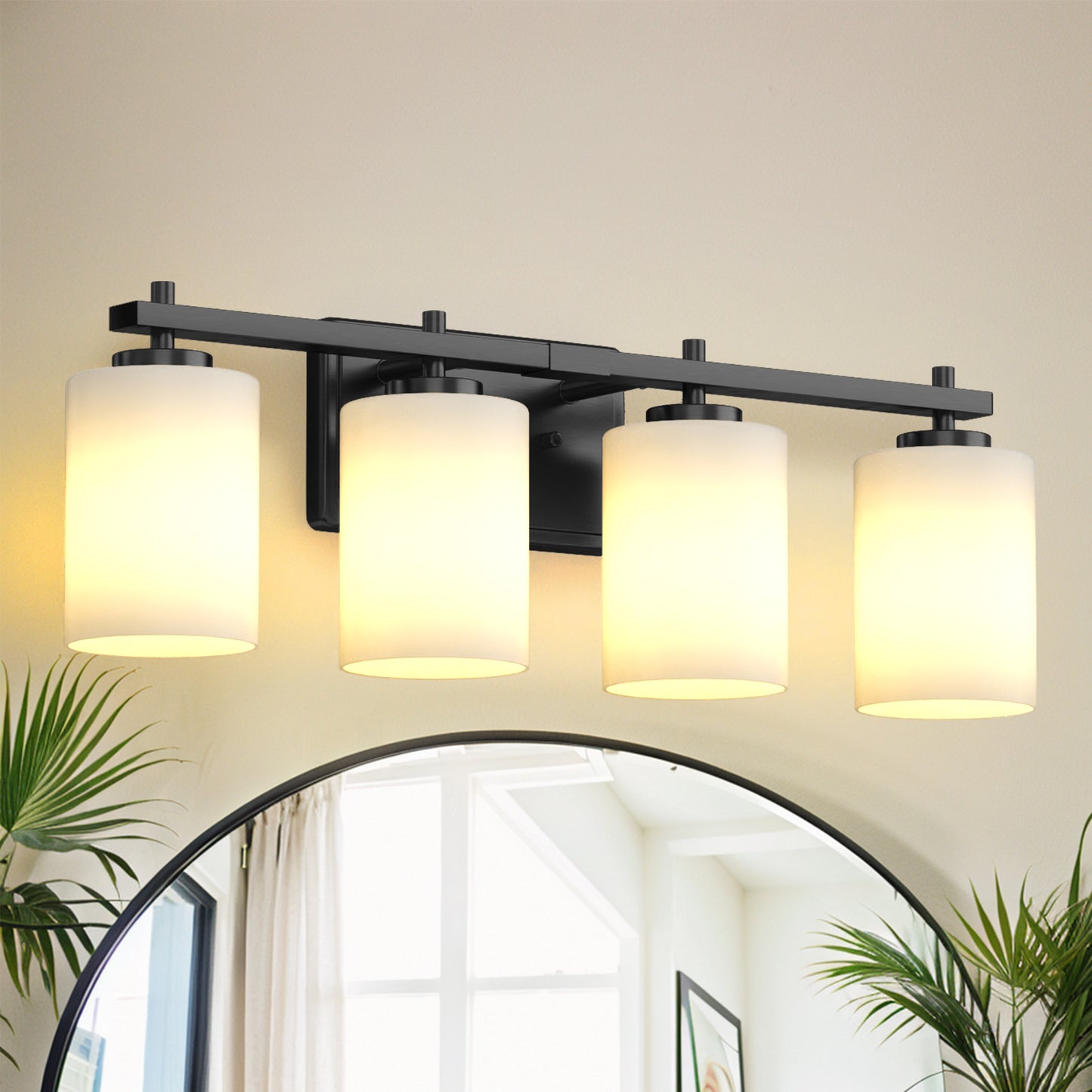 24 in. 4-Light Bathroom Vanity Light with Frosted Glass and Black Iron Frame