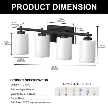 24 in. 4-Light Bathroom Vanity Light with Frosted Glass and Black Iron Frame