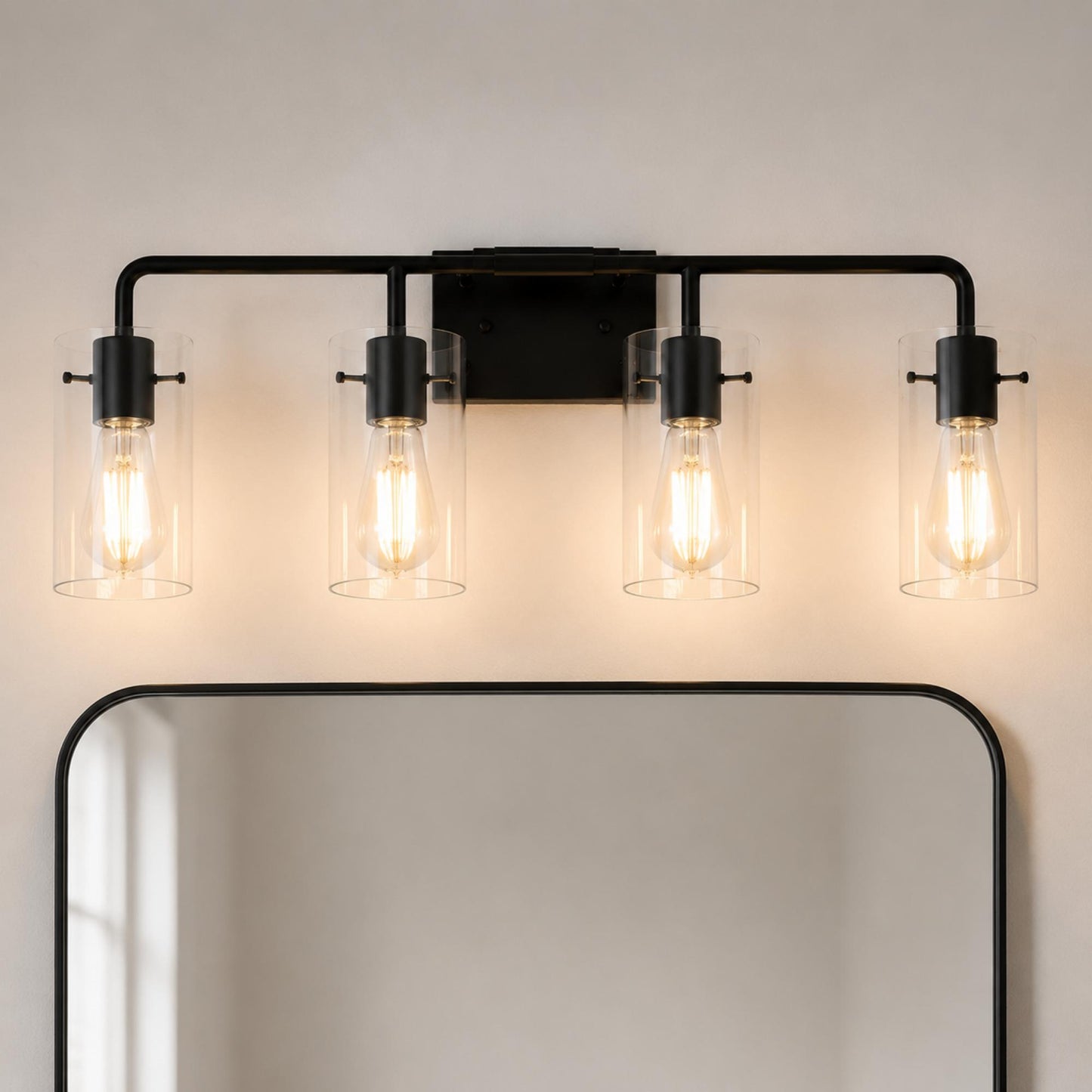 YANSUN 26 in. 4-Light Matte Black Glass Bathroom Vanity Light Fixture KD Structure E26 ETL Certified
