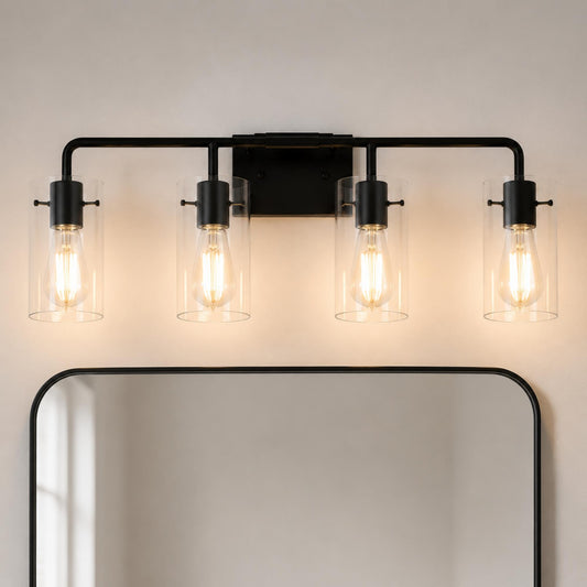 YANSUN 26 in. 4-Light Matte Black Glass Bathroom Vanity Light Fixture KD Structure E26 ETL Certified