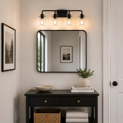 YANSUN 26 in. 4-Light Matte Black Glass Bathroom Vanity Light Fixture KD Structure E26 ETL Certified