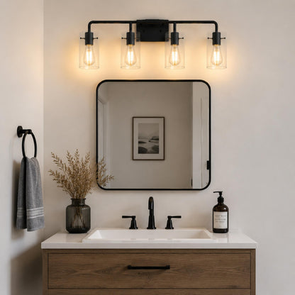 YANSUN 26 in. 4-Light Matte Black Glass Bathroom Vanity Light Fixture KD Structure E26 ETL Certified