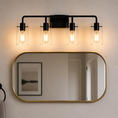 YANSUN 26 in. 4-Light Matte Black Glass Bathroom Vanity Light Fixture KD Structure E26 ETL Certified