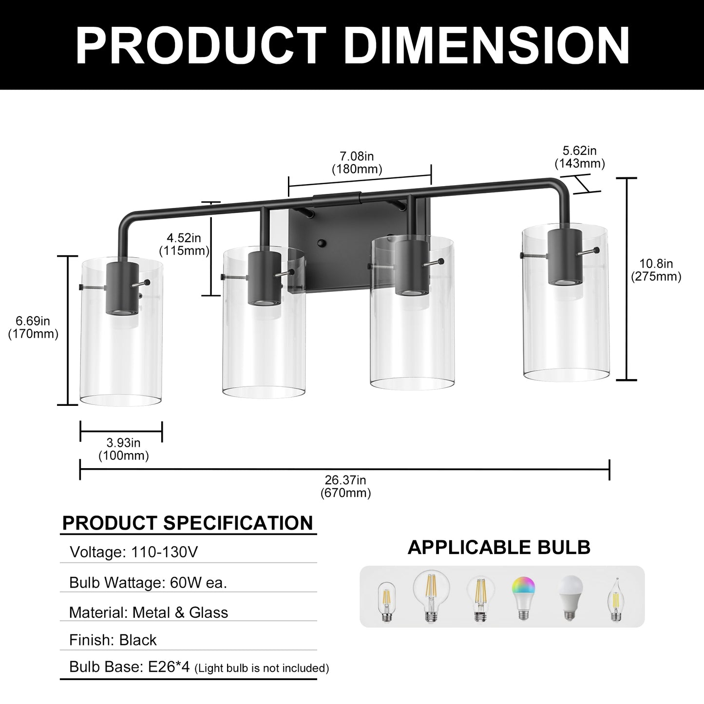 YANSUN 26 in. 4-Light Matte Black Glass Bathroom Vanity Light Fixture KD Structure E26 ETL Certified