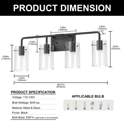 YANSUN 26 in. 4-Light Matte Black Glass Bathroom Vanity Light Fixture KD Structure E26 ETL Certified