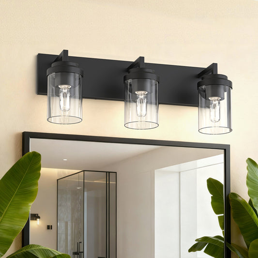 YANSUN 3-Light Vanity Mirror Light with Cylinder Glass Shades, Matte Black Finish, 21.7-Inch Length, Clear Glass Design