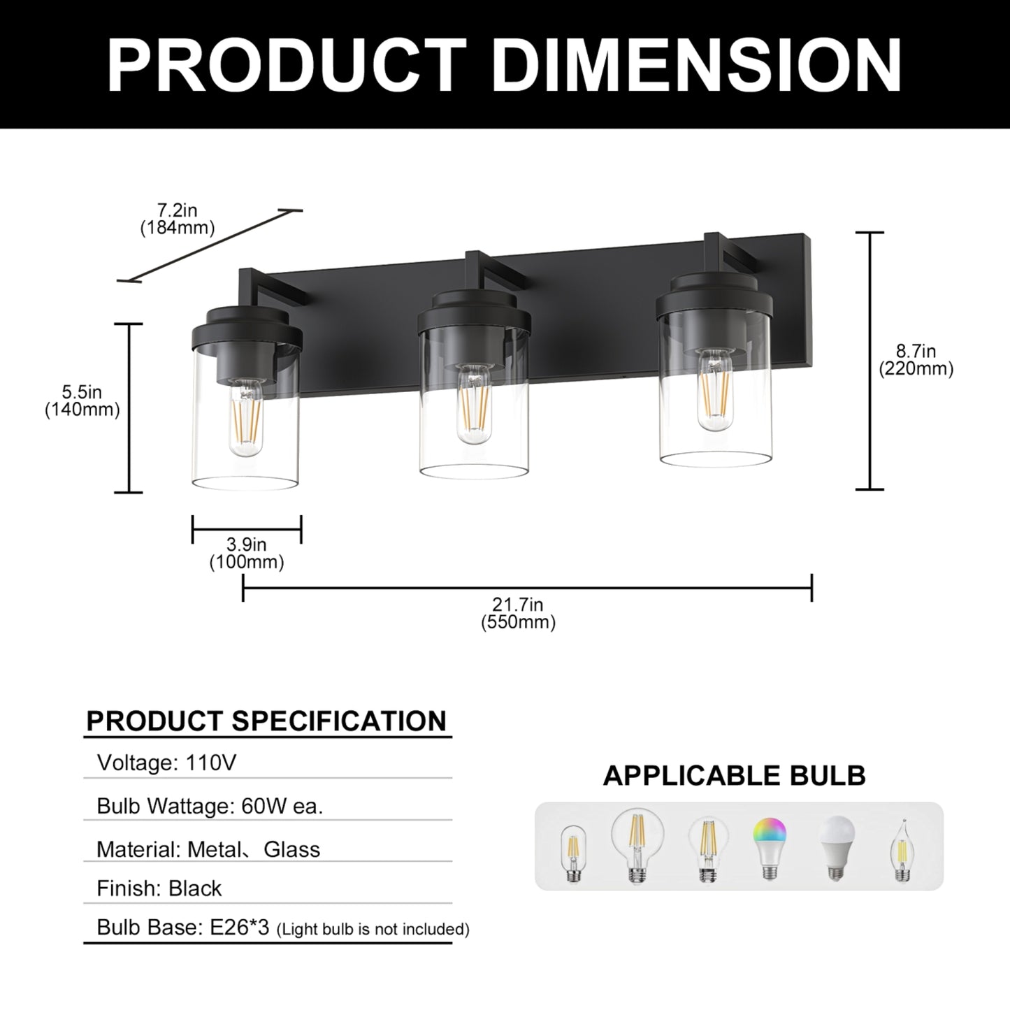 YANSUN 3-Light Vanity Mirror Light with Cylinder Glass Shades, Matte Black Finish, 21.7-Inch Length, Clear Glass Design