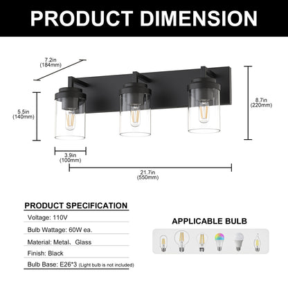 YANSUN 3-Light Vanity Mirror Light with Cylinder Glass Shades, Matte Black Finish, 21.7-Inch Length, Clear Glass Design