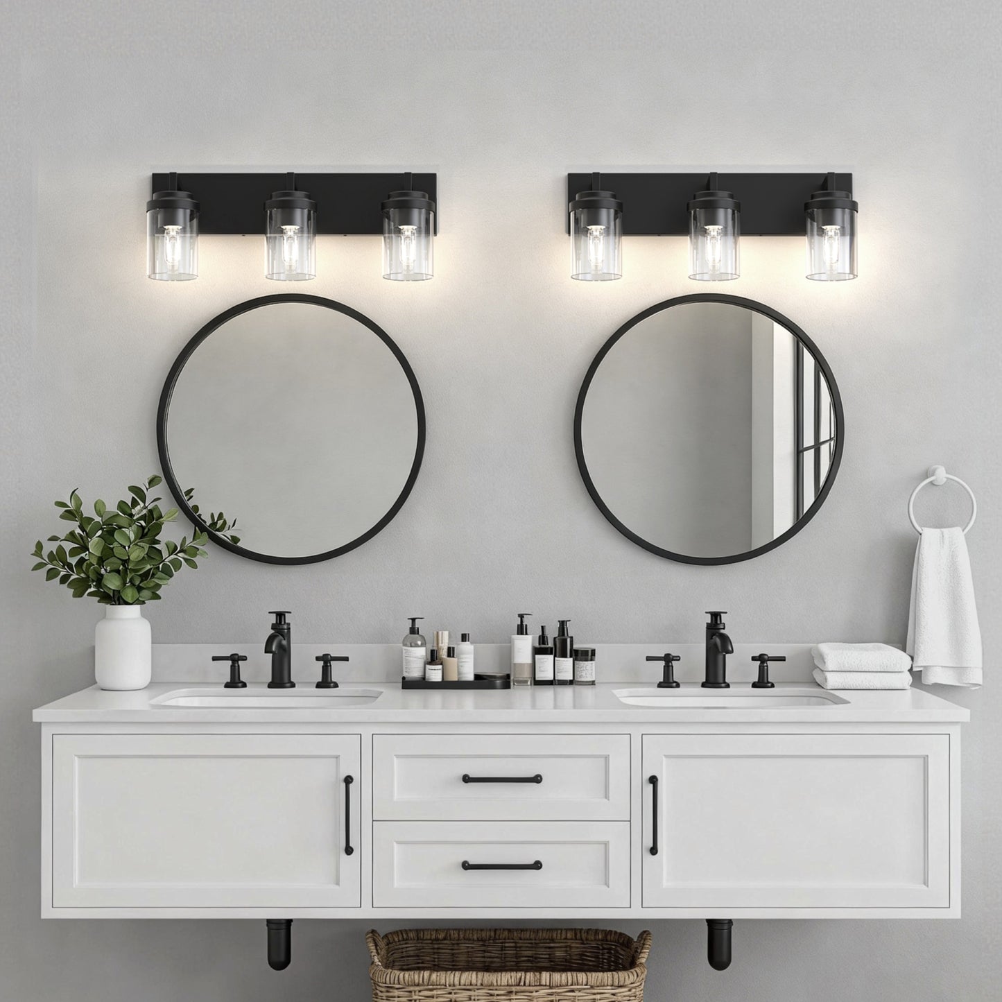 YANSUN 3-Light Vanity Mirror Light with Cylinder Glass Shades, Matte Black Finish, 21.7-Inch Length, Clear Glass Design