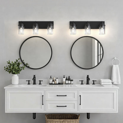YANSUN 3-Light Vanity Mirror Light with Cylinder Glass Shades, Matte Black Finish, 21.7-Inch Length, Clear Glass Design