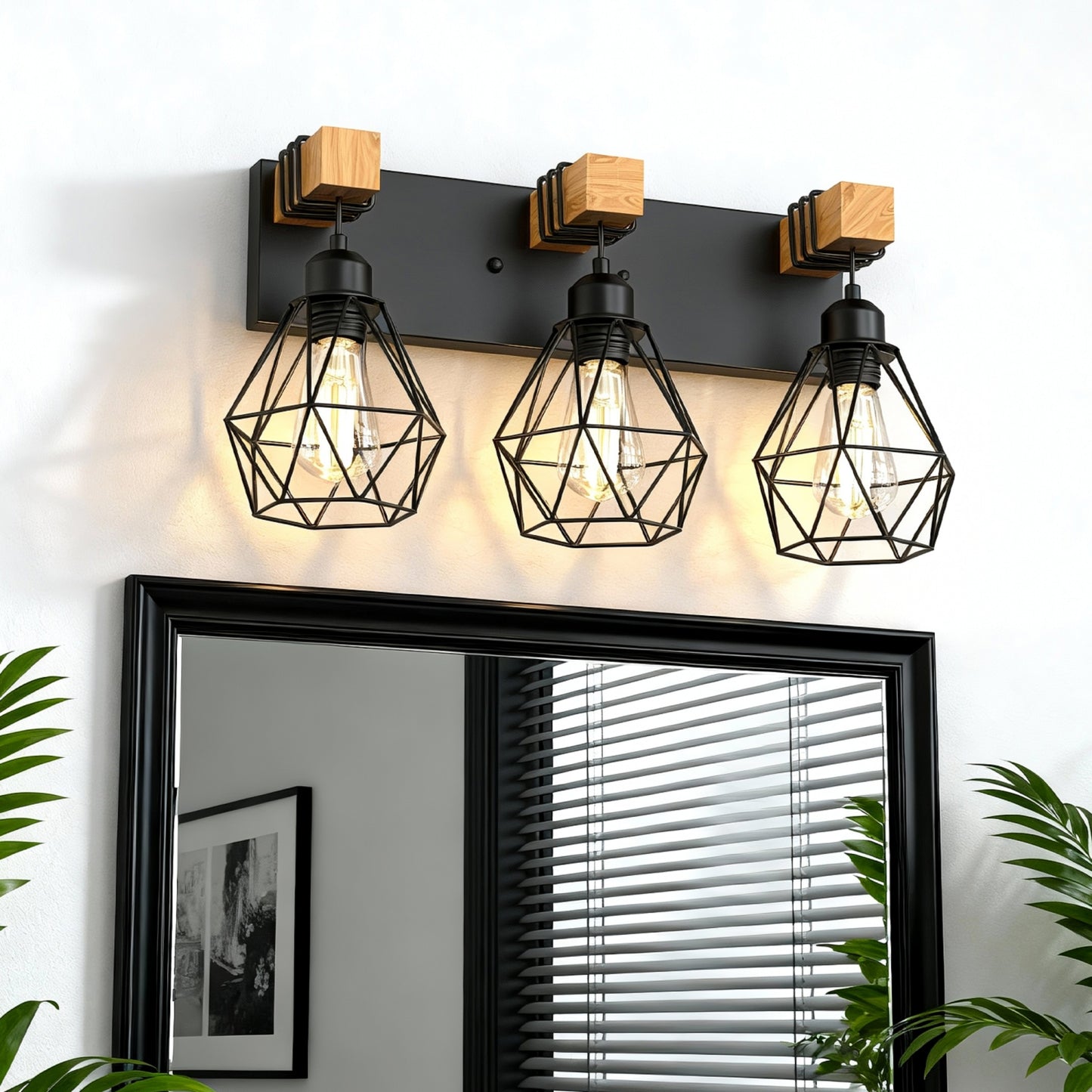 YANSUN 3-Light Vanity Mirror Light with Diamond Cage Design, Matte Black Finish, Industrial Style, 20.9-Inch Length