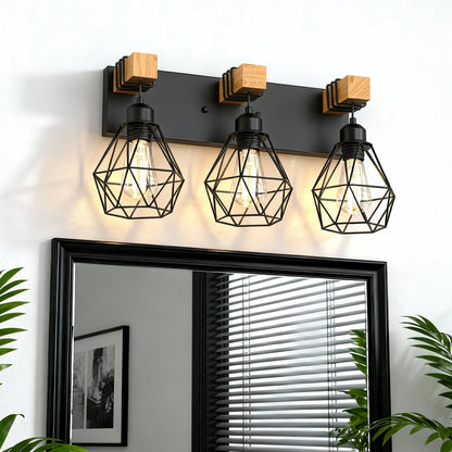 YANSUN 3-Light Vanity Mirror Light with Diamond Cage Design, Matte Black Finish, Industrial Style, 20.9-Inch Length