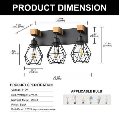 YANSUN 3-Light Vanity Mirror Light with Diamond Cage Design, Matte Black Finish, Industrial Style, 20.9-Inch Length