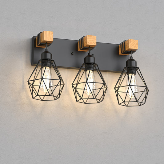 YANSUN 3-Light Vanity Mirror Light with Diamond Cage Design, Matte Black Finish, Industrial Style, 20.9-Inch Length
