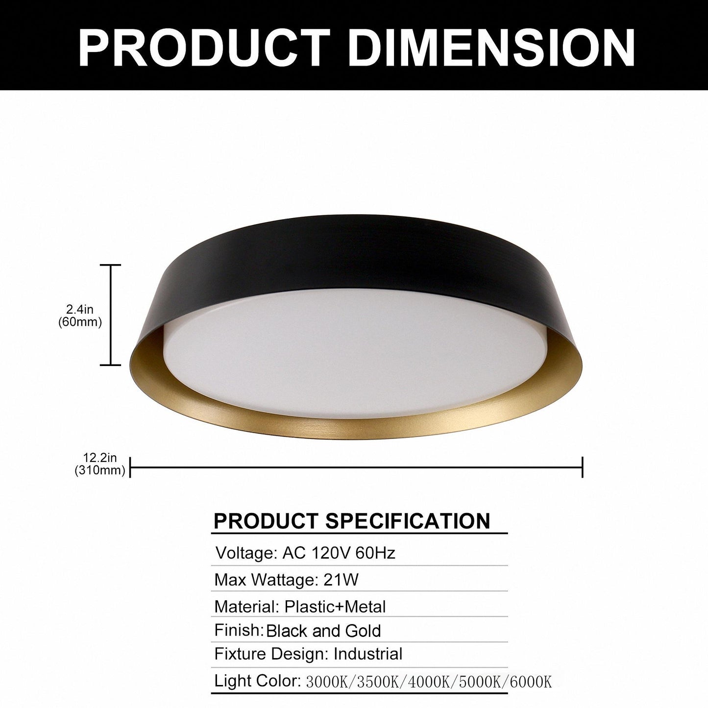 YANSUN 12 in. Black and Gold Dimmable Flush Mount with No Glass Round 1-Pack