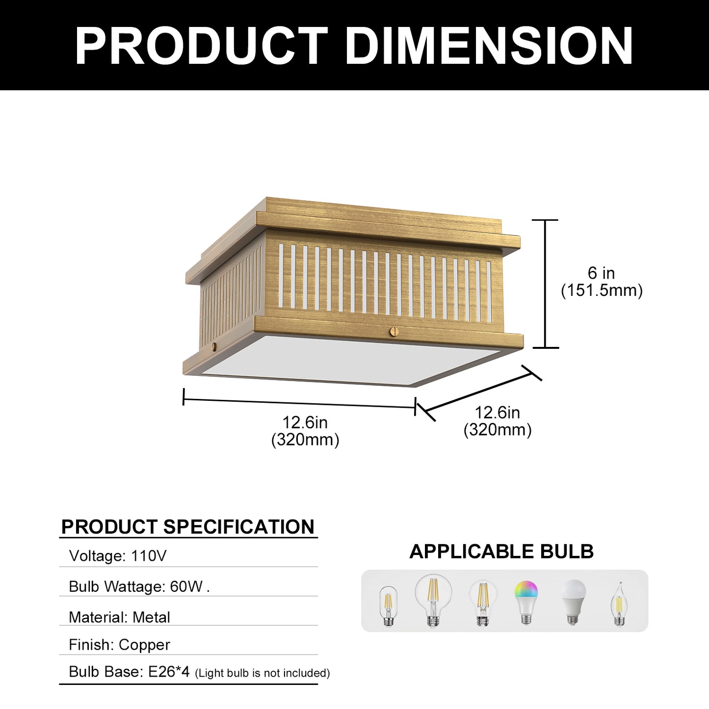 YANSUN 4-Light Square Flush Mount Ceiling Light with Striped Frame, Hand-Brushed Brass Finish, Traditional Elegant Design