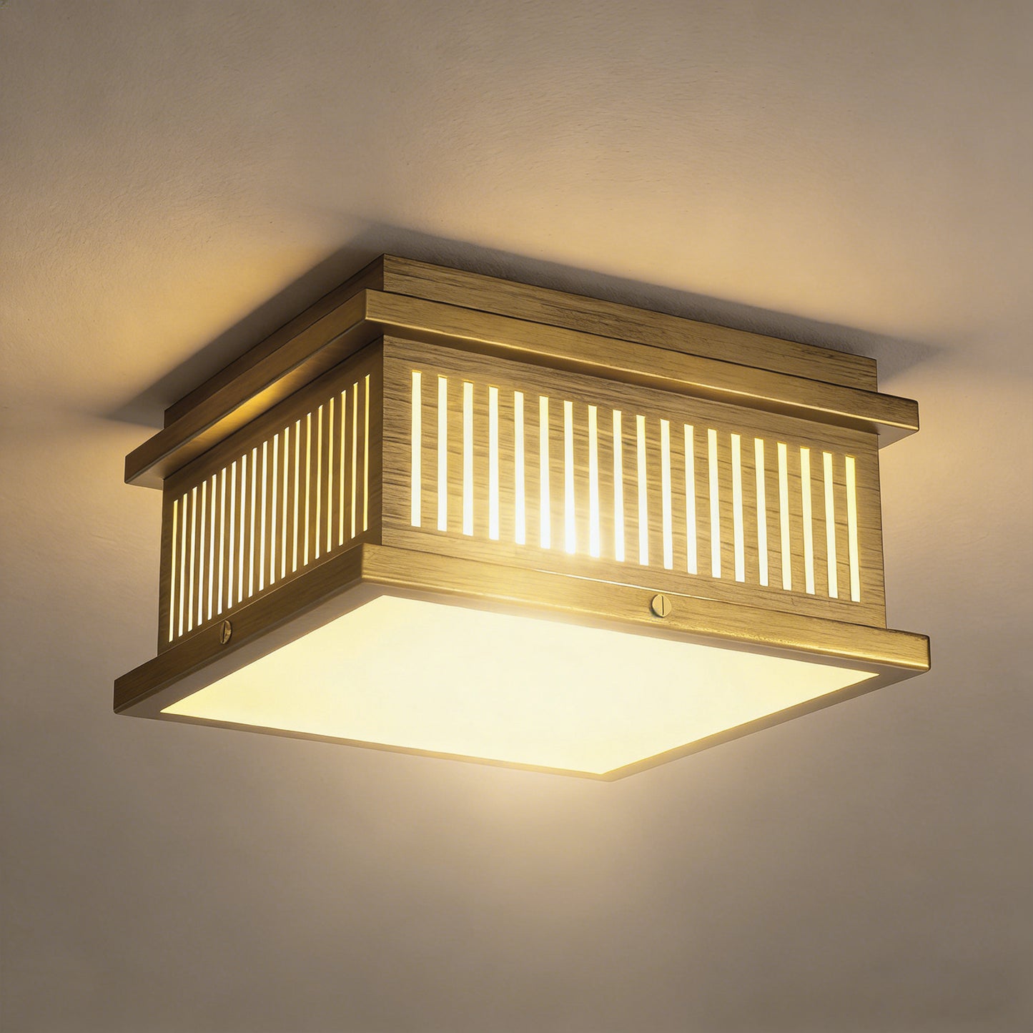 YANSUN 4-Light Square Flush Mount Ceiling Light with Striped Frame, Hand-Brushed Brass Finish, Traditional Elegant Design