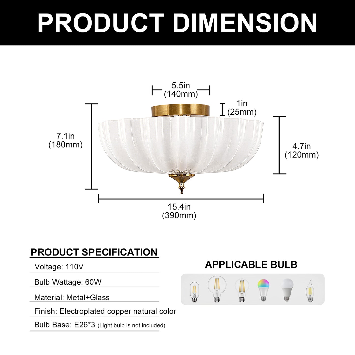 YANSUN 15.4 in. Modern 3-Light Bowl Polished Brass Flush Mount Ceiling Light with Round White Glass Shade E26 for Bedroom,Foyer