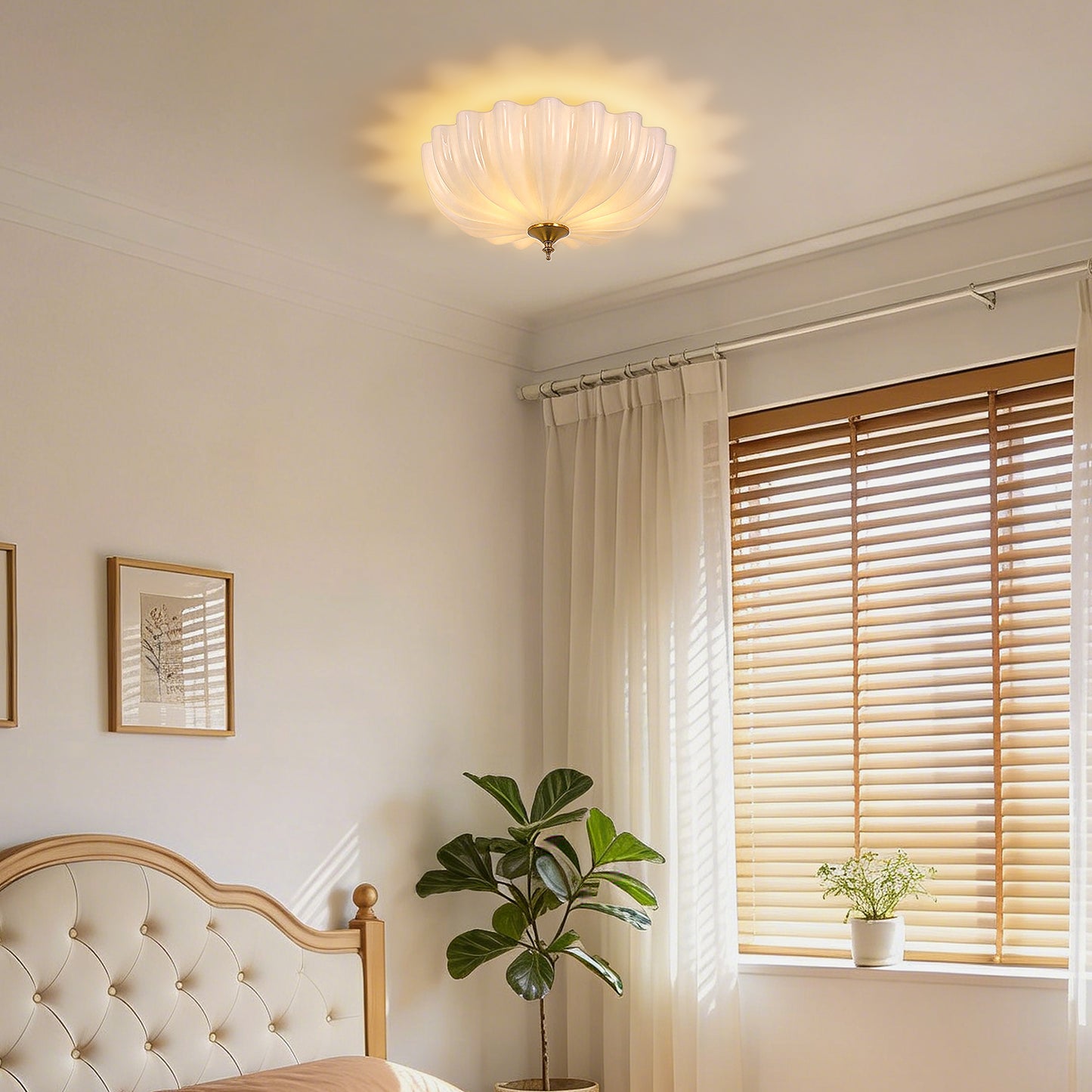 YANSUN 15.4 in. Modern 3-Light Bowl Polished Brass Flush Mount Ceiling Light with Round White Glass Shade E26 for Bedroom,Foyer