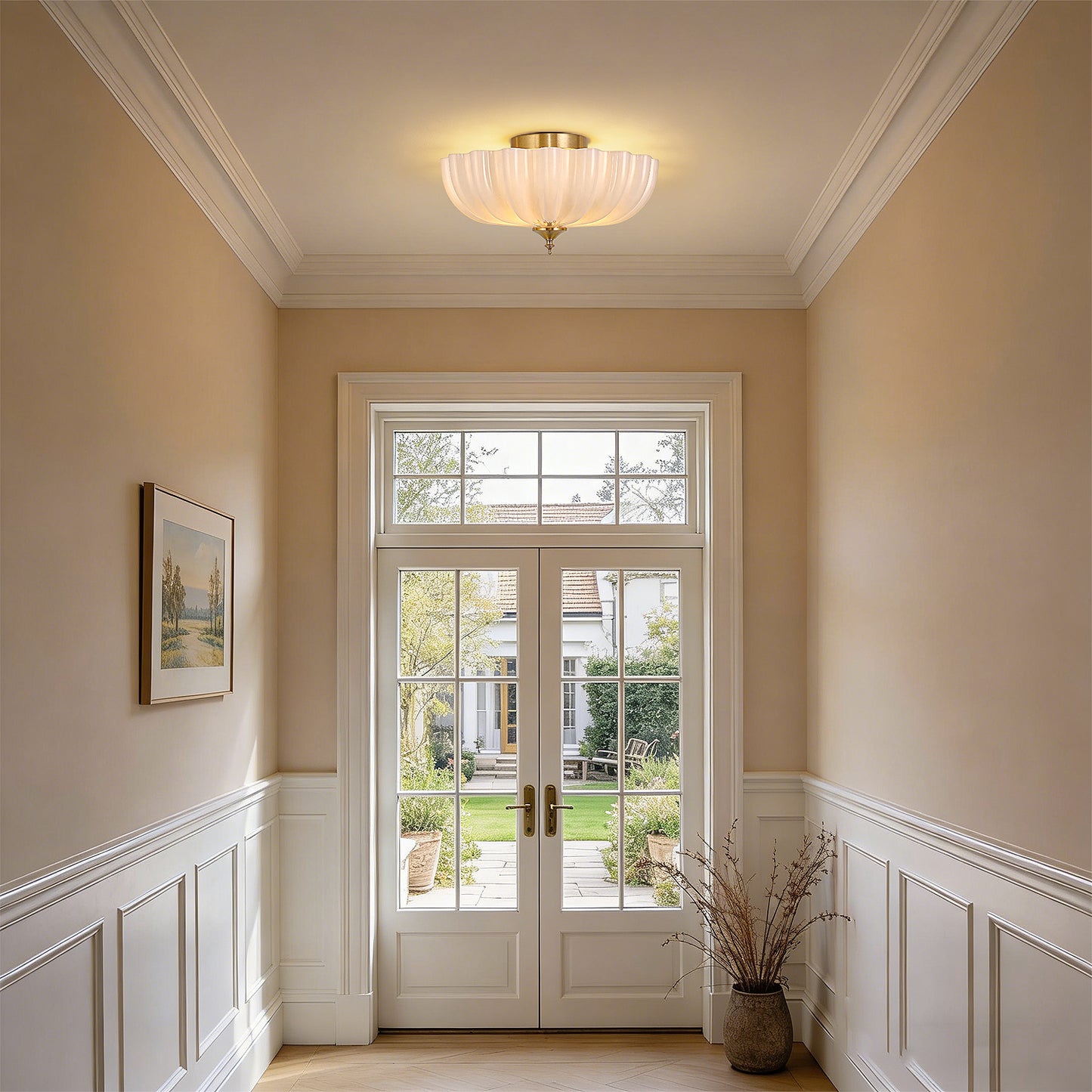 YANSUN 15.4 in. Modern 3-Light Bowl Polished Brass Flush Mount Ceiling Light with Round White Glass Shade E26 for Bedroom,Foyer