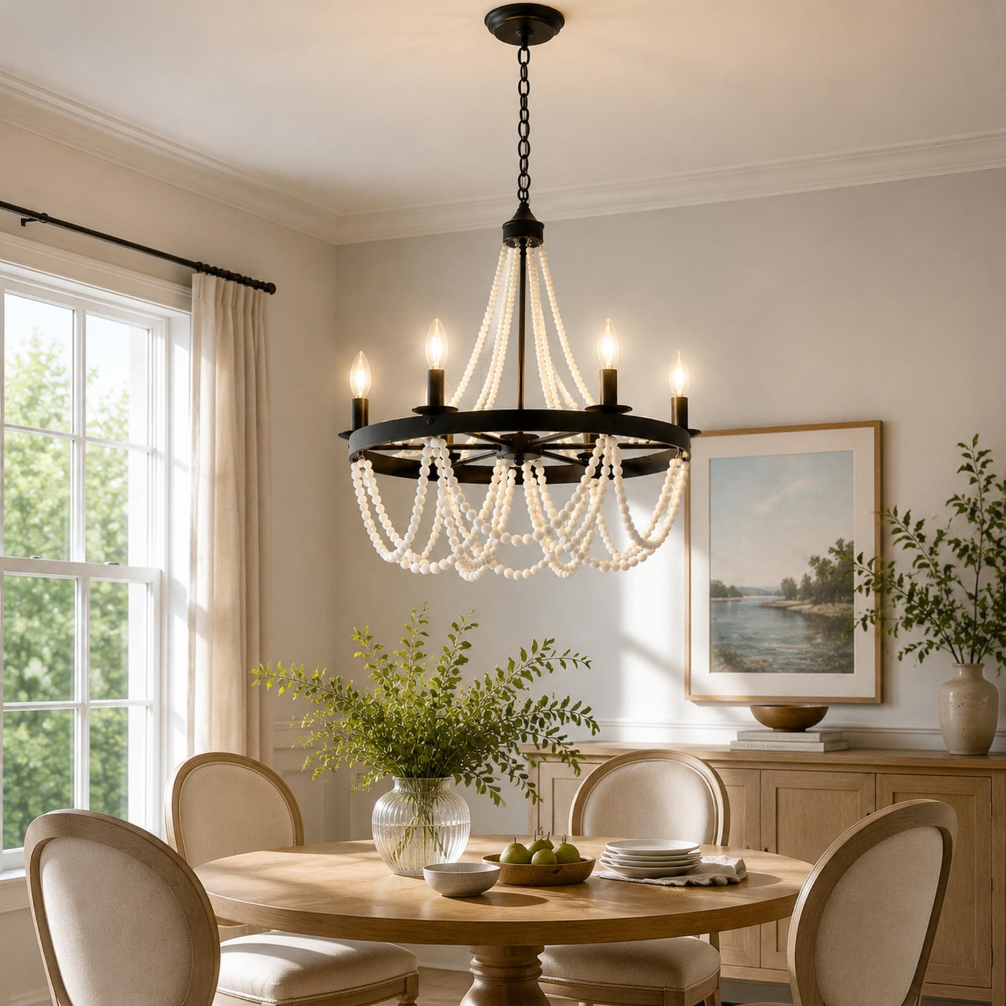 YANSUN 6-Light Farmhouse Beaded Chandelier Matte Black Ceiling Light with White Wood Beads E12 Hanging Fixture for Dining Room Living Room Bedroom