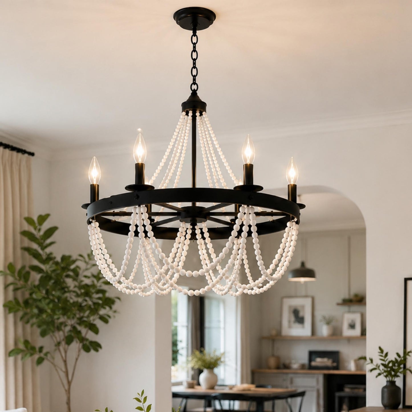 YANSUN 6-Light Farmhouse Beaded Chandelier Matte Black Ceiling Light with White Wood Beads E12 Hanging Fixture for Dining Room Living Room Bedroom