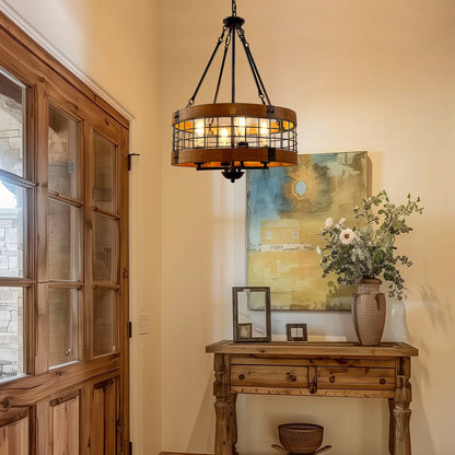 Black and Brown Farmhouse Chandelier for Dining Room, 4-Light Pendant Kitchen Island Lighting,for Entryway Foyer Bedroom