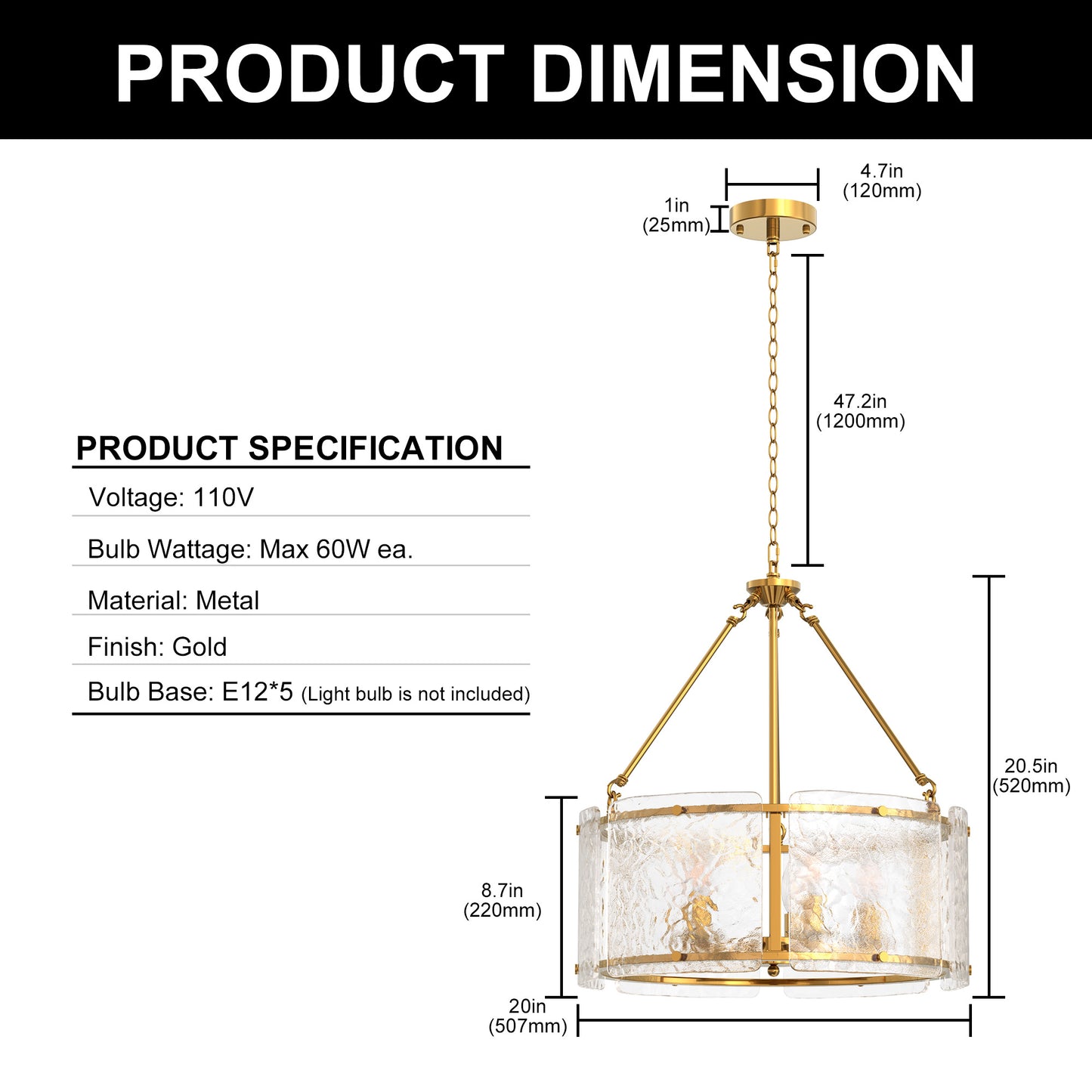 YANSUN 5-Light Chandelier with Pressed Curved Glass Shades Copper Finish E12 Bulb Not Included