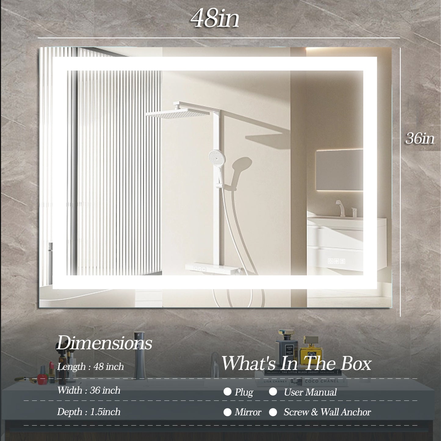 YANSUN 48" x 36" LED Bathroom Mirror Vanity Light with Anti-Fog, Touch Sensor, Dimmable & Color Changing Light ????¡§??C Frameless Modern Vanity Wall Mirror