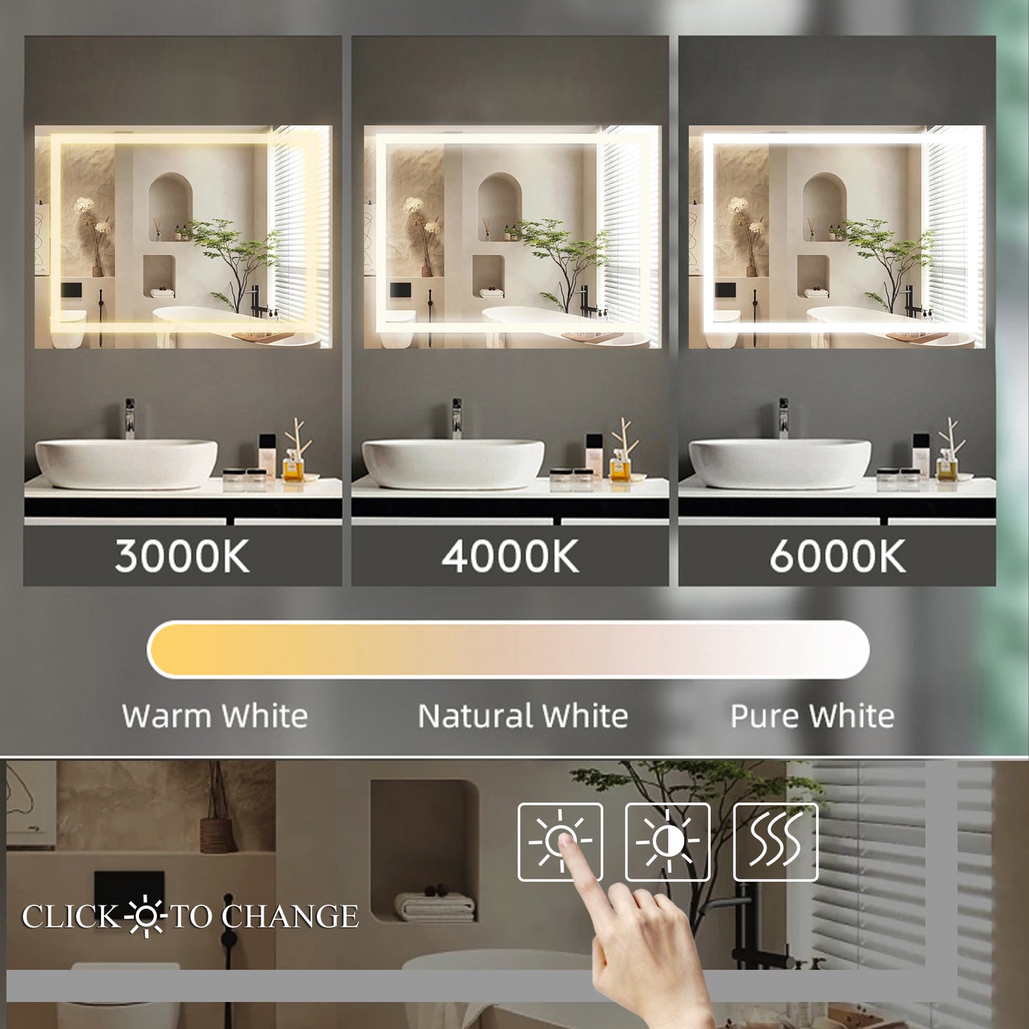 YANSUN 48" x 36" LED Bathroom Mirror Vanity Light with Anti-Fog, Touch Sensor, Dimmable & Color Changing Light ????¡§??C Frameless Modern Vanity Wall Mirror