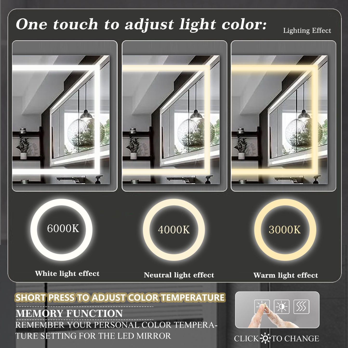 YANSUN 72" x 36" LED Bathroom Mirror with Anti-Fog, Dimmable & Color Changing Light ????¡§??C Modern Frameless Vanity Wall Mirror