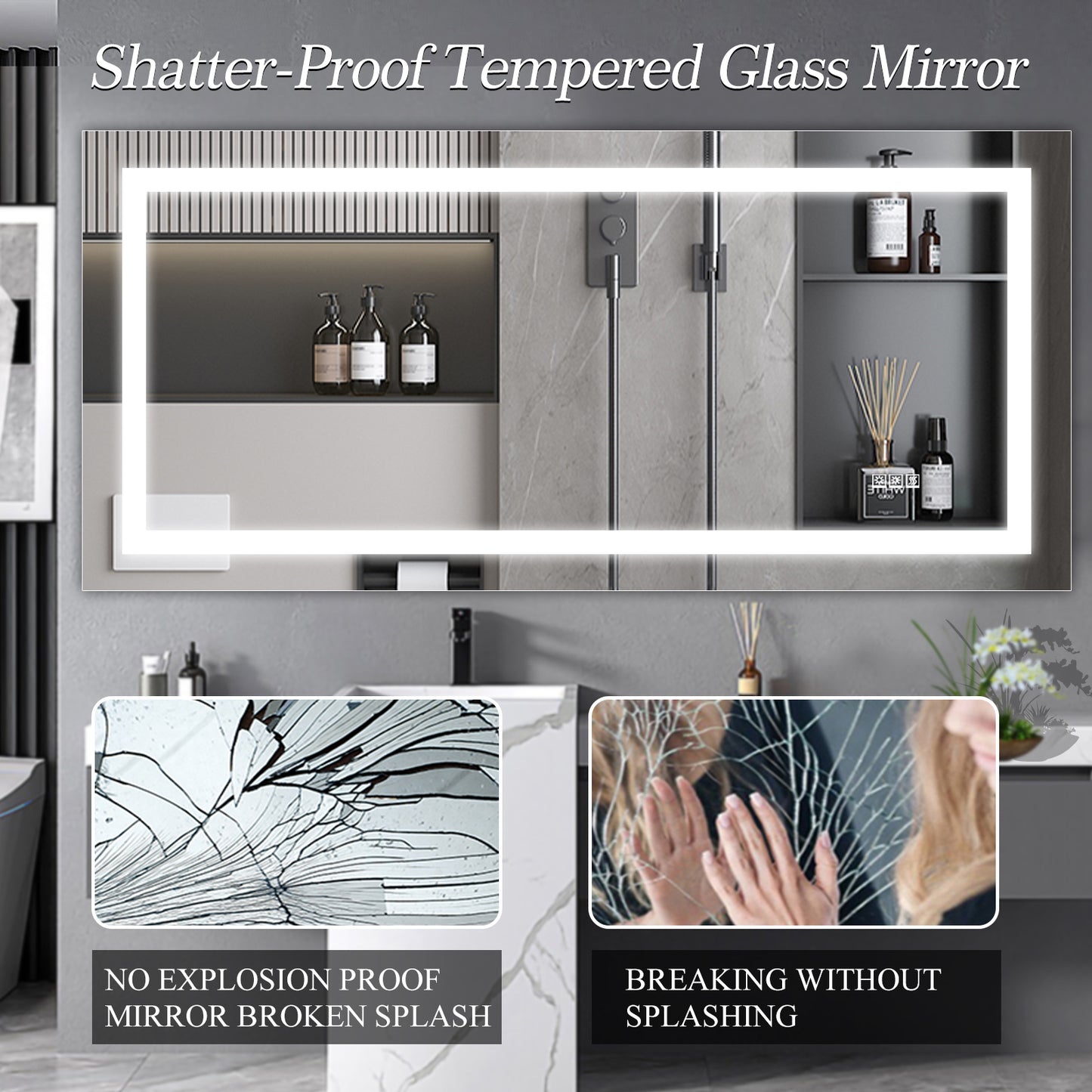 YANSUN 72" x 36" LED Bathroom Mirror with Anti-Fog, Dimmable & Color Changing Light ????¡§??C Modern Frameless Vanity Wall Mirror