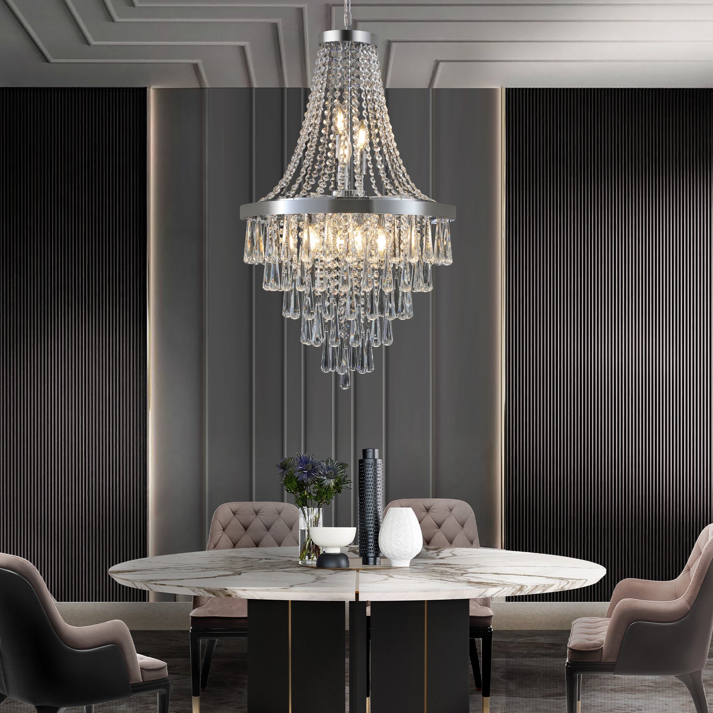 YANSUN 20in. Chrome Crystal Chandelier 11-Light E12 Modern Luxury Ceiling Light for Living Room Dining Room Staircase Adjustable Height