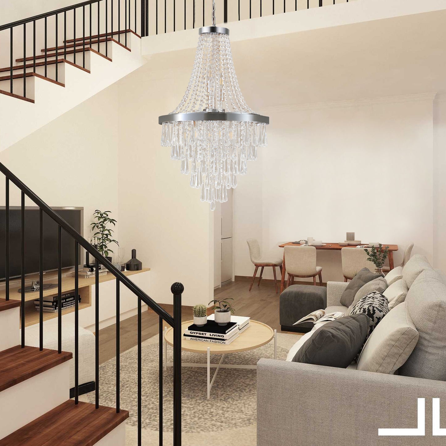 YANSUN 20in. Chrome Crystal Chandelier 11-Light E12 Modern Luxury Ceiling Light for Living Room Dining Room Staircase Adjustable Height
