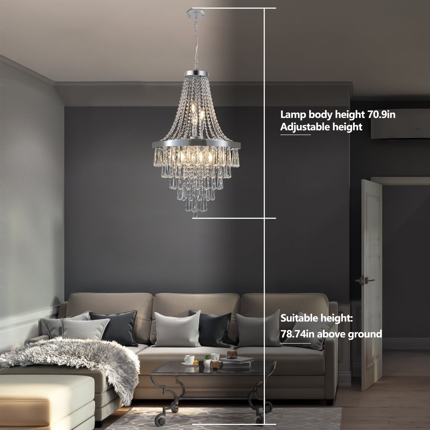 YANSUN 20in. Chrome Crystal Chandelier 11-Light E12 Modern Luxury Ceiling Light for Living Room Dining Room Staircase Adjustable Height