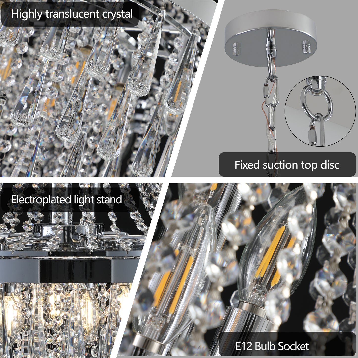 YANSUN 20in. Chrome Crystal Chandelier 11-Light E12 Modern Luxury Ceiling Light for Living Room Dining Room Staircase Adjustable Height