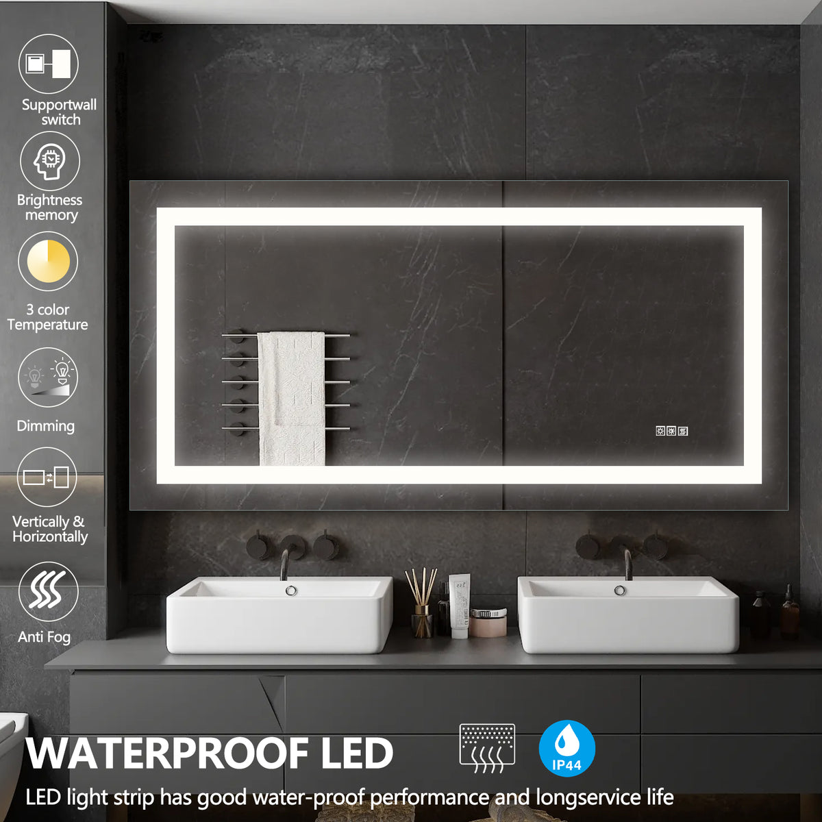 YANSUNLED .LED Bathroom Mirror Anti-Fog Dimmable Vanity Light Modern Wall-Mount