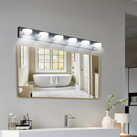 YANSUN 45in. Modern 6-Light LED Vanity Wall Light Black with Acrylic Shades Dimmable Bathroom Fixture