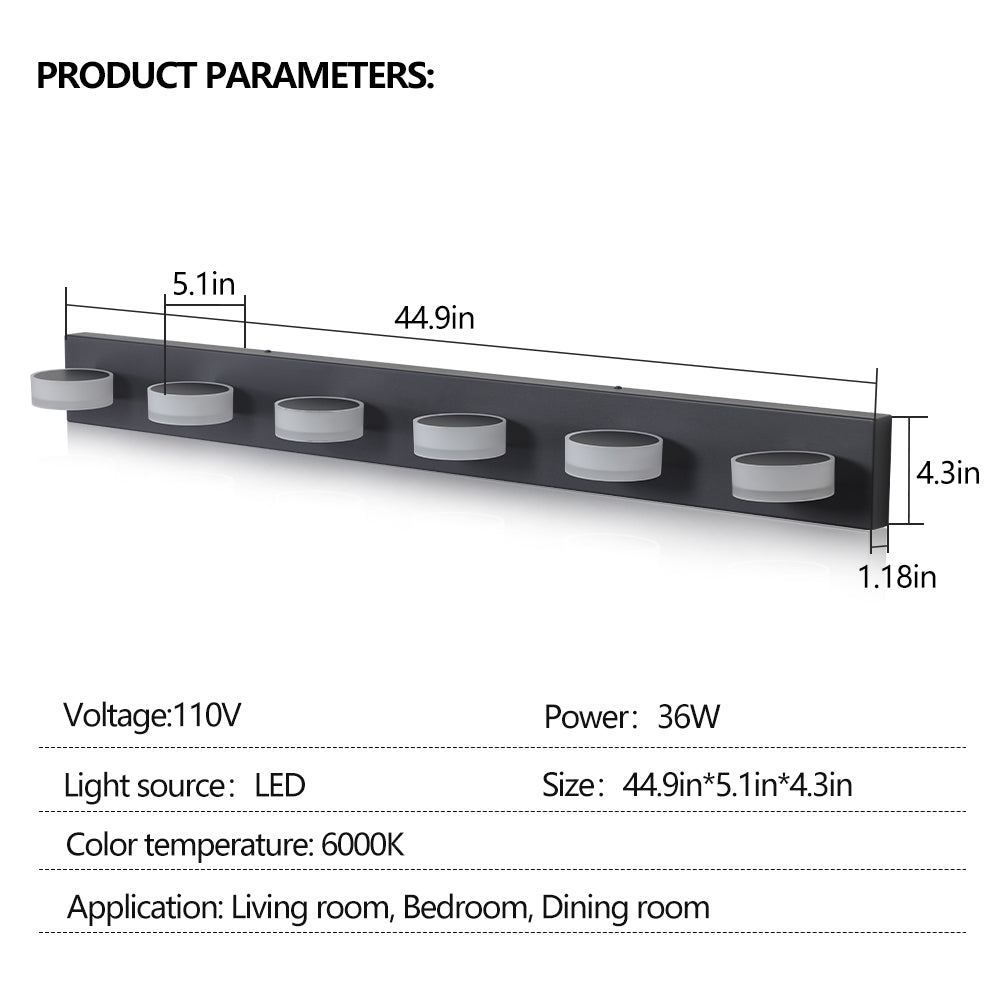 YANSUN 45in. Modern 6-Light LED Vanity Wall Light Black with Acrylic Shades Dimmable Bathroom Fixture