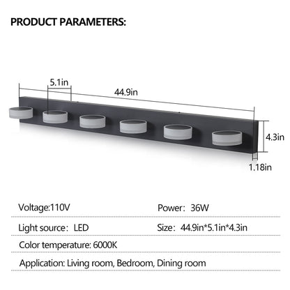 YANSUN 45in. Modern 6-Light LED Vanity Wall Light Black with Acrylic Shades Dimmable Bathroom Fixture