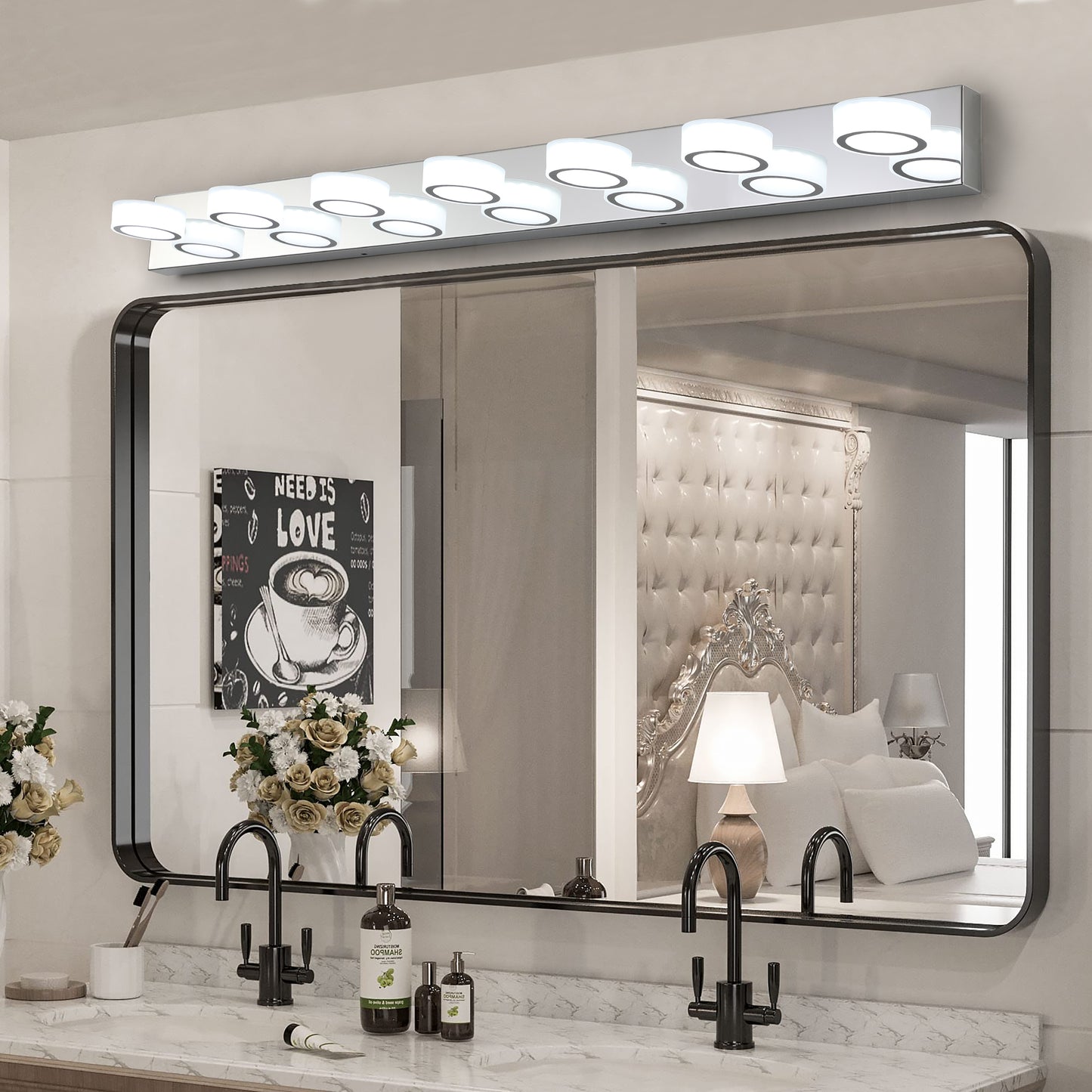 YANSUN 52in. Modern 7-Light LED Vanity Wall Sconce Chrome with Acrylic Shades Dimmable Bathroom Light